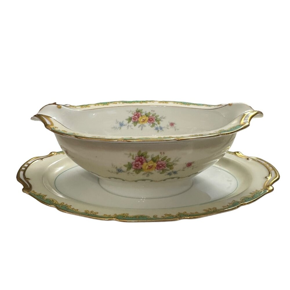 Noritake Japan M Pattern gravy boat with attached under plate floral Fine China